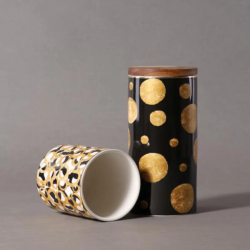 Geometric Storage Box Ceramic Wood Lid Storage Bottle Jars For Spices Slimes Cosmetics Kitchen Container Potes De Cozinha Bank