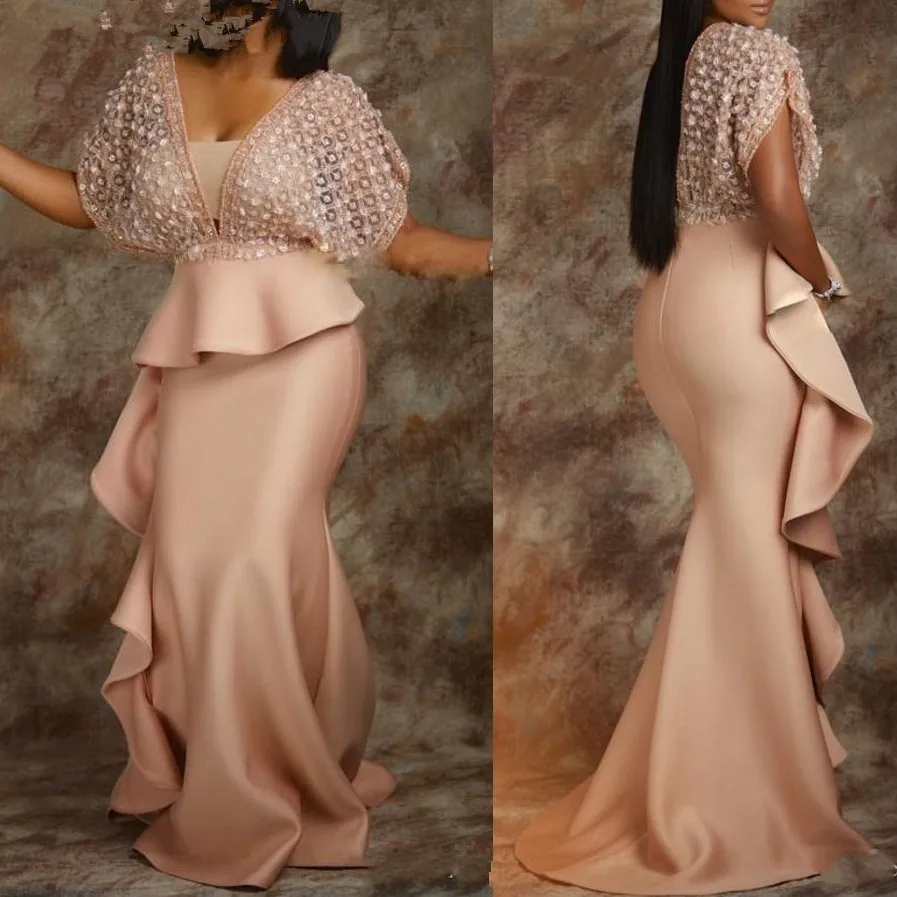 Champagne Abiye Long Mermaid African Evening Dress with Sleeves Peplum Ruffles Plus Size Women Formal Prom Dresses 2020 Elegant