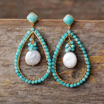 New Hyperbole Teardrop Earrings Bold Fashion Amazonite Stones Pearl Stud Earring Teengirls TOP Jewelry Bijoux Wholesale