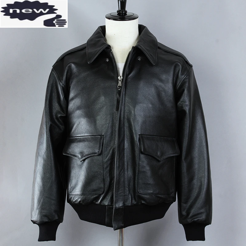 

2021 Fashion Black Air Force Flight CowSkin Genuine Men A2 Bomber Leather Jacket Male Winter Coat