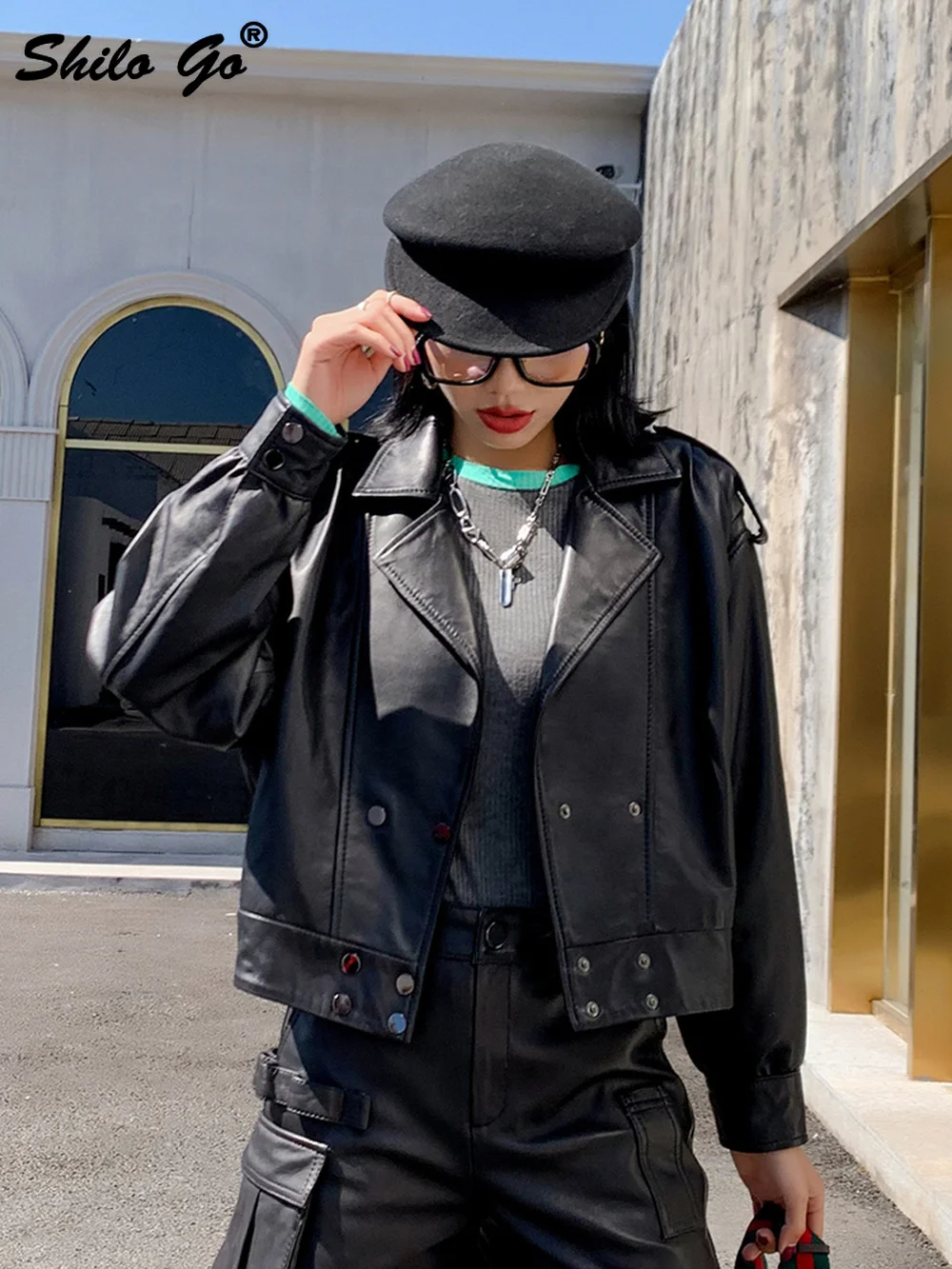 Genuine Leather Jacket Highstreet Notched Neck Drop Shoulder Bishop Sleeve Sheepskin Coat Women Autumn Winter Casual Outwear