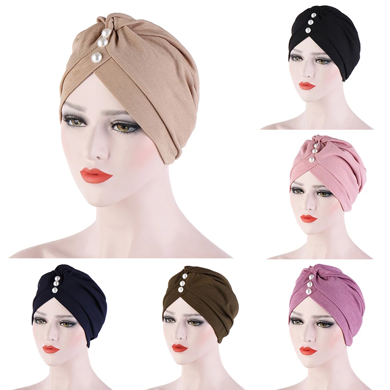 

Women Stretch Turban India Hijab Turban Elastic Muslim headscarf Headwrap Solid Bandanas Pearl Head Scarf Wrap Hijab Cap