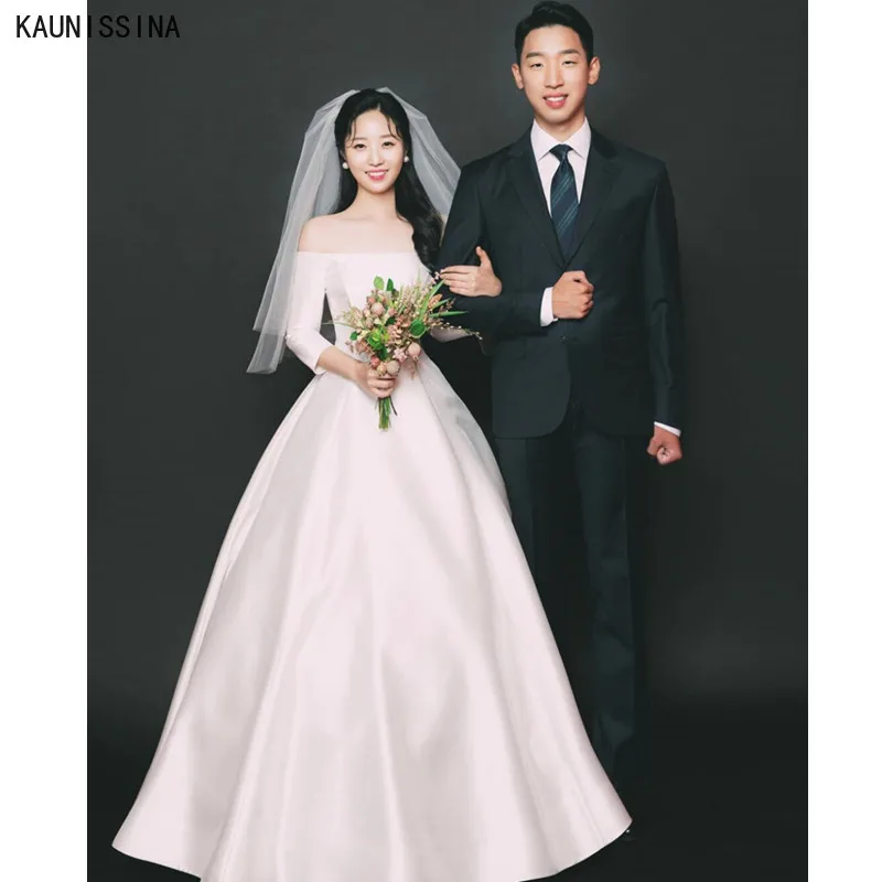 

KAUNISSINA Роскошные атласные свадебные платья, сексуальное платье с открытыми плечами и 3/4 рукавом свадебное платье в богемном стиле для женщин белые длинные дизайнерские обувь под свадебное платье для невесты