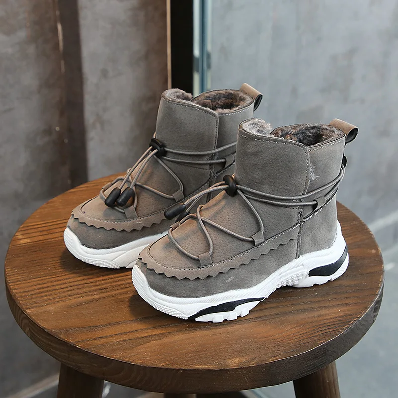 

Winter New Plus Velvet Children Snow Boots Boys And Girls Leather Warm Waterproof Cotton Boots Students Outdoor Running Shoes