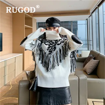 

RUGOD 2019 New winter warm women's turtleneck sweater embroidery shawl tassel loose knitted pullovers fashion female casual pull