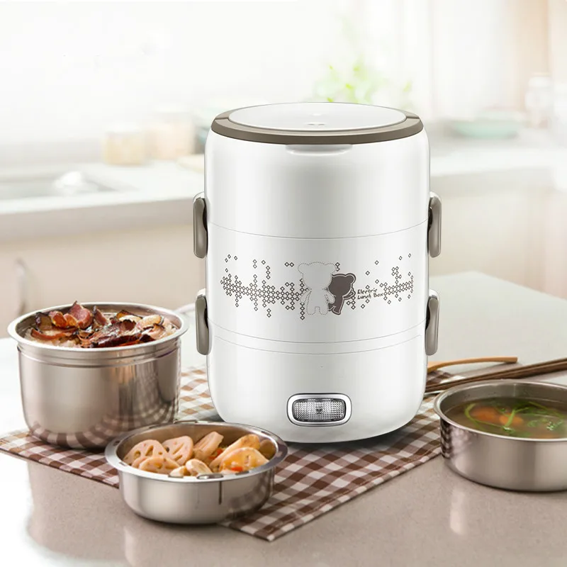 

Portable Three Floors Electric Rice Cooker Electric Lunch Box 2L Stainless Steel Cooking Heating Preservation Go To Work