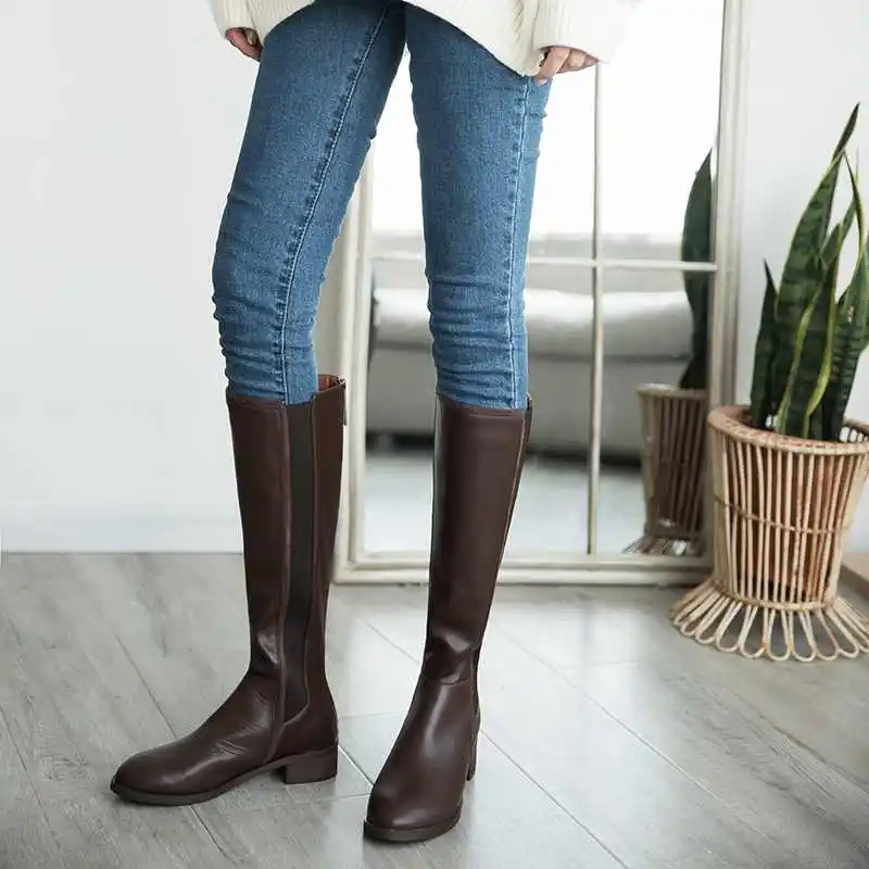 brown Botas mujer; обувь на высоком каблуке; женские сапоги для верховой езды; винтажные рыцарские сапоги из коровьей кожи; сохраняющие тепло высокие сапоги на молнии для зрелых женщин - Цвет: brown
