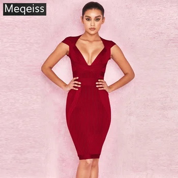 

New Summer Women Dress V Neck Striped Bandage Dress Sexy Bodycon Elegant Celebrity Party Wine Red Dresses Club banquet Vestidos