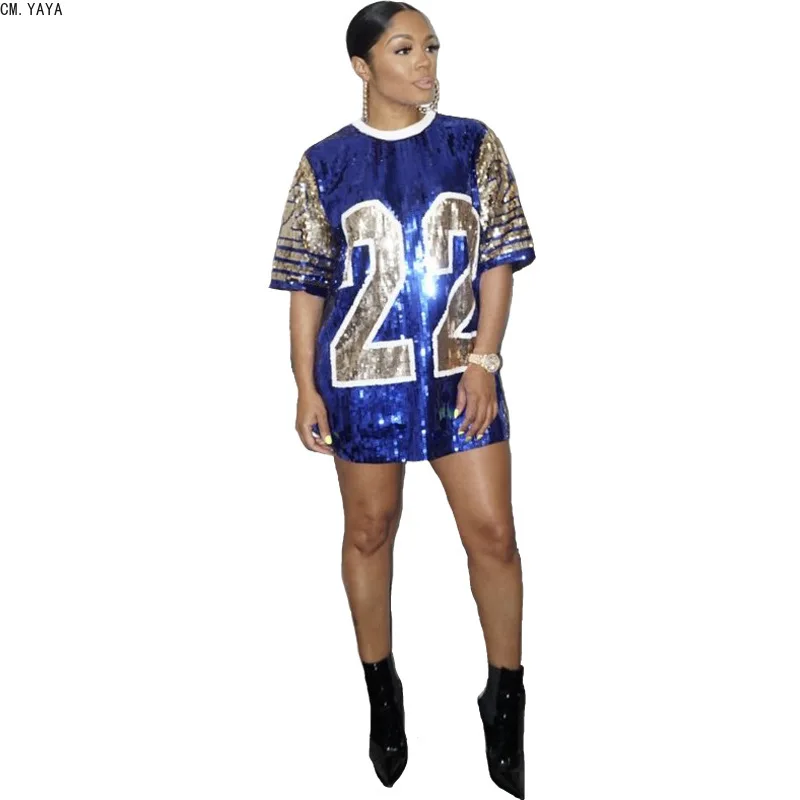 

CM.YAYA Letter Printed Sequin Hip Hop Dress 2019 Summer Women Half Sleeve O Neck Shiny Club Party Mini T Shirt Dress CMCY8129