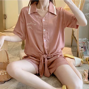 

Female Summer Cardigan Short Sleeve Tops with Shorts Pajamas Sets Women Clothes Blue Pink Colors Cool Fashion Pigiama Donna