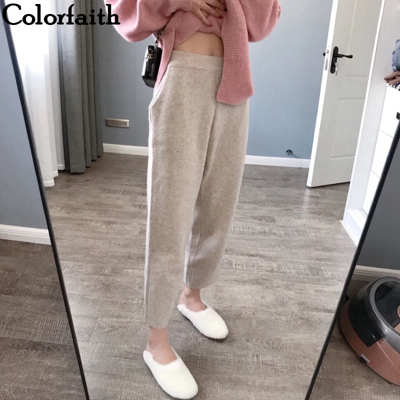Comprar Colorfaith nuevo Otoño Invierno 2019 pantalones de mujer de lana de alta cintura suelta elegante estilo coreano Casual pantalones de plátano P5712