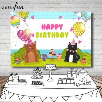 

Sensfun Cute Cartoon Cat Dog Backdrops Colorful Balloons Cupcake Girls Birthday Party Photography Backgrounds 7x5ft Vinyl