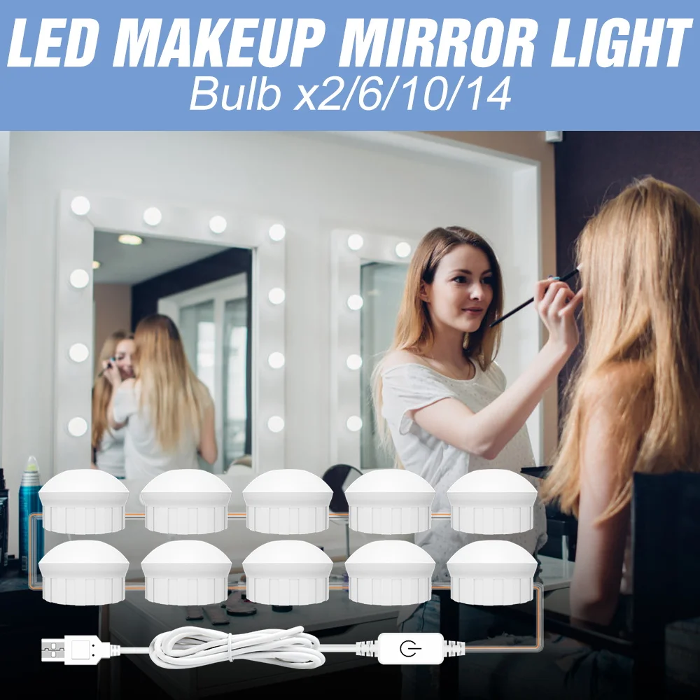 

LED Mirror Light 3 Colors 2 6 10 14 Bulbs USB 12V Wall Lamp Dimmable Bulb LED Vanity Cosmetic Light Dressing Room Hollywood Bulb