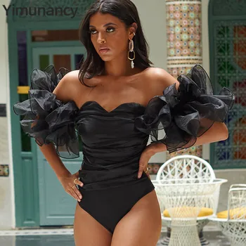 

Yimunancy Off Shoulder Bodysuit Women Fashion Ruffle Black Bodysuit 2020 Ladies Skinny Sexy Bodysuit Summer Overalls