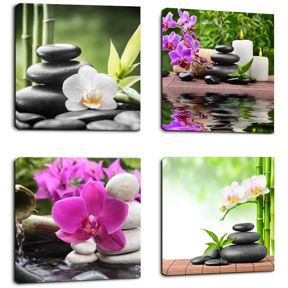 

4 Pieces Zen SPA Beauty Stone Candle Flowers Posters Canvas Wall Art Picture Home Decor Paintings for Living Room Decorations