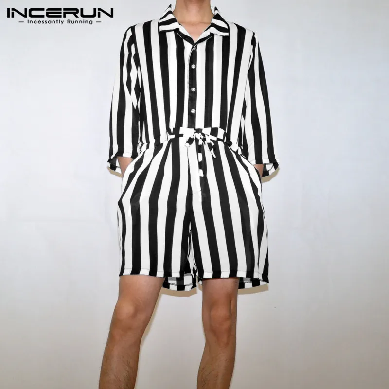 INCERUN, летний повседневный мужской комбинезон в ретро-стиле, в полоску, с 3/4 рукавом, с отворотом, модный Свободный уличный пояс, мужской комбинезон, Комбинезоны для бега
