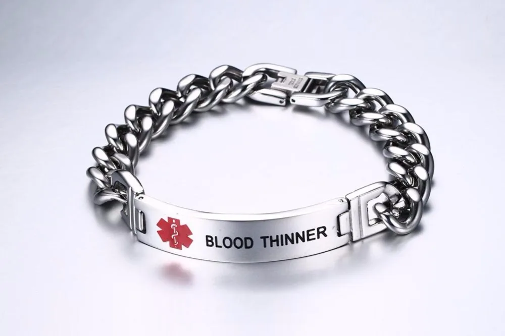 Mens Medical Alert ID Bracelets Stainless Steel Link Chain Wristband BLOOD THINNER 15