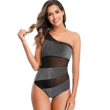 Сетчатый слитный купальник из кусков, блестящий купальник с блестками, женский купальник на одно плечо, прозрачный сетчатый Монокини, сексуальный купальник