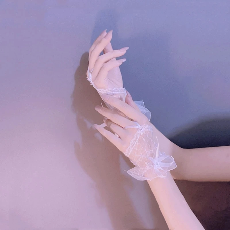 H952fe7bc513740ea82b317f17952f49fZ Elegan Lace Short Bridal Gloves Inlaid Rhinestone Bowknot Slim Bridal Fingerless Gloves White Ivory Wedding Gown Accessories Mallzona
