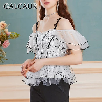 

GALCAUR Korean Patchwork Lace Ruffle Women's Shirt Square Collar Butterfly Short Sleeve High Waist Hit Color Mesh Blouse Female