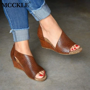 

MCCKLE Women's Summer Sandals Wedges Platform Ladies Clog Sandalias Mujer Shoes Female Zipper PU Peep Toe 2020 Fashion Woman