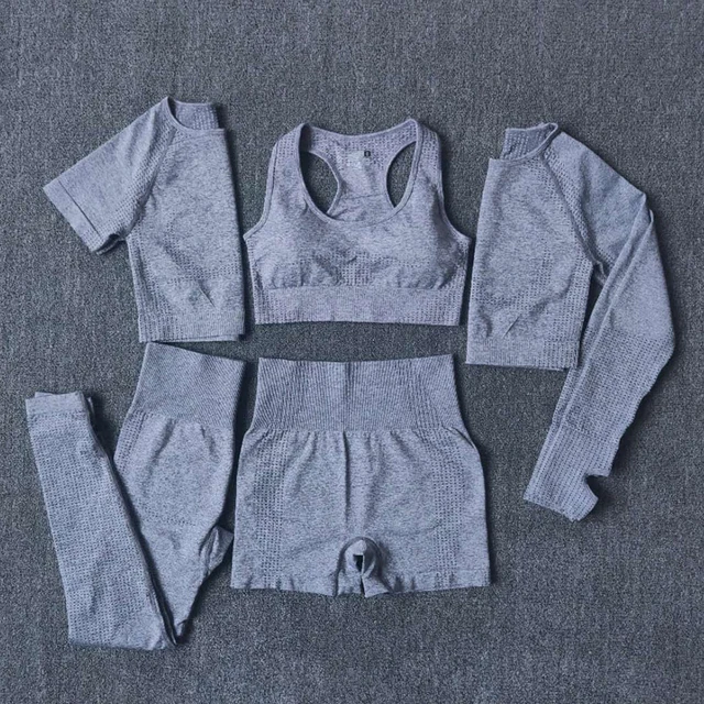 2/3/5PCS Seamless Women Yoga Set Workout Sportswear Gym Clothing Fitness Long Sleeve Crop Top High Waist Leggings Sports Suits 5PCSGray