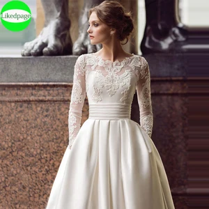 Vintage Wedding Dress 2020 Vestidos De Novia Long Sleeves Bride Gowns Lace Appliques Robe Mariage Satin Trouwjurk With Pockets