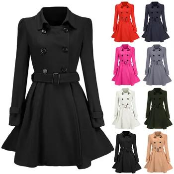 

2020 Fall Winter Warm Women Buttons Woolen Coat Trench Jacket Belt Overcoat Outwear High Quality