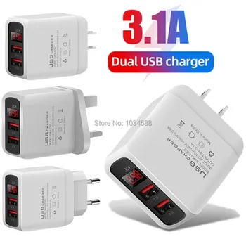 

2-Port USB Phone Charger EU/US Plug LED Display Wall Fast Charging Adapter 5V/3.1A Fast Charging Charger Plug For iphone Huawei