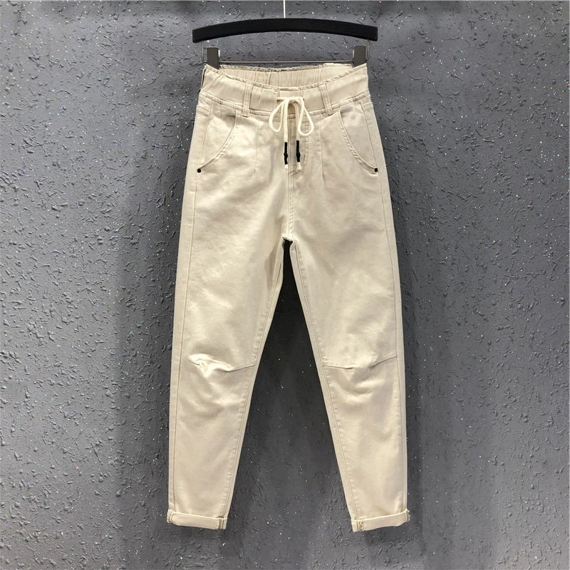 Весенне-летние женские хлопковые джинсовые брюки больших размеров с эластичной резинкой на талии свободные шаровары женские повседневные белые джинсы длиной до щиколотки D317