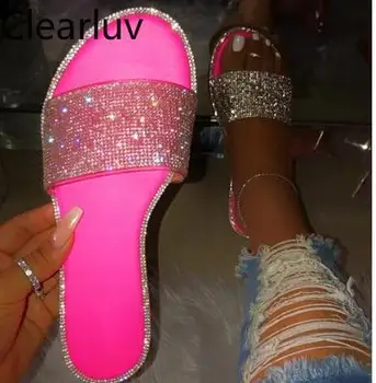 

Rhinestone Women's Sandals New Outdoor Flat Soft Bottom Sparkling Diamond Beach Fashion Wild Student Sandals Large Size Slipper