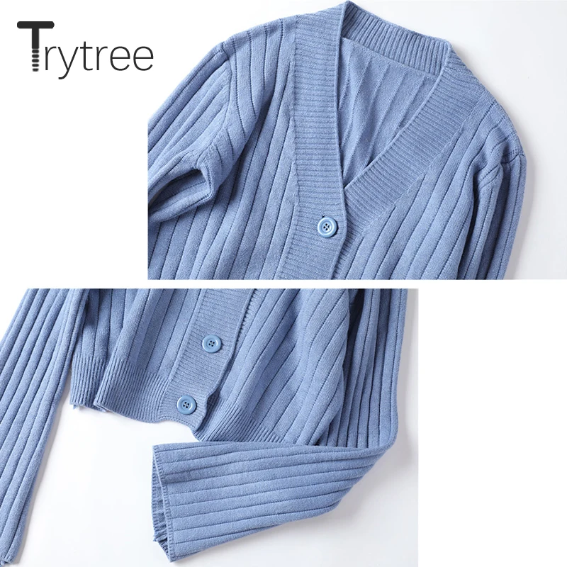 Trytree осень зима женский свитер Повседневный с v-образным вырезом с расклешенными рукавами однобортный компьютерный трикотаж однотонный 4 цвета свитер кардиган