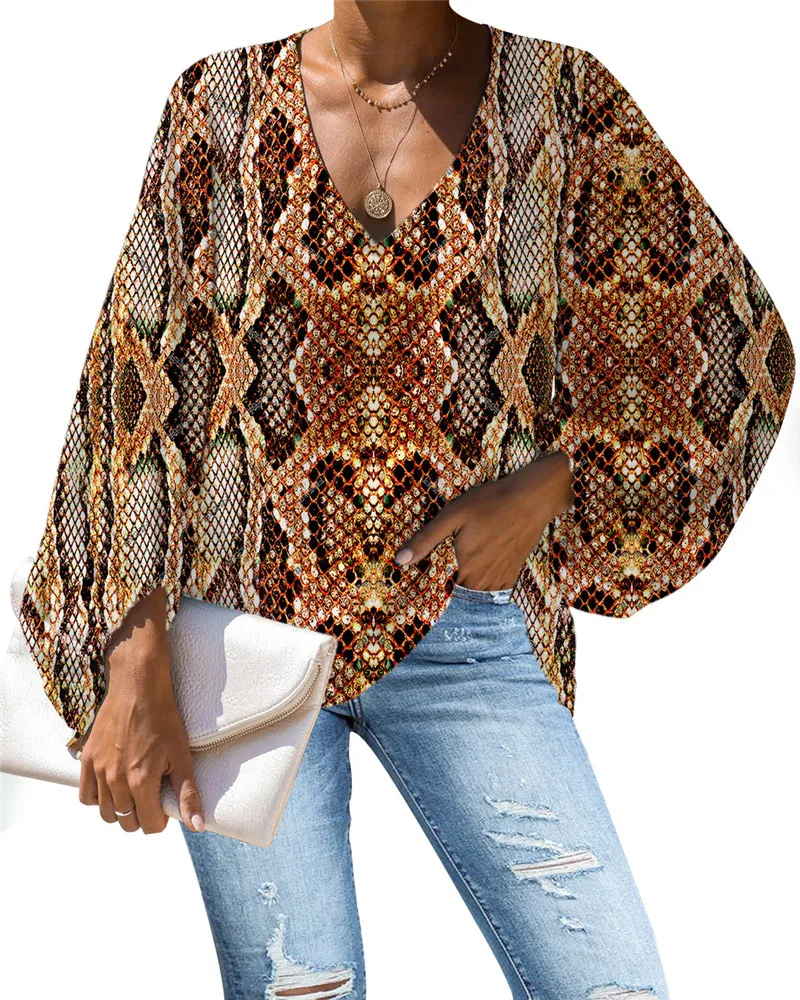 

Snake Print Blouse Women Chiffon Blouses V-neck Loose Lantern Sleeves Ladies Casual Pullovers Tops Plus Size Haut Femme Elegant