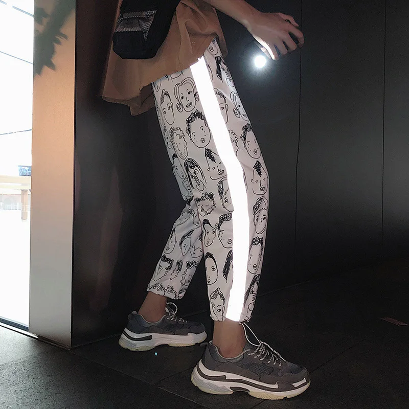 Шаровары крутые женские брюки новые свободные светоотражающие полосы Bf Стиль Большой размер хип-хоп повседневные брюки трендовые брюки черные клетчатые 19