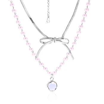 

VERY GIRL Fashion Copper Imitation Pearl Chain Bow-knot Pendant Necklace for Women Drop shipping