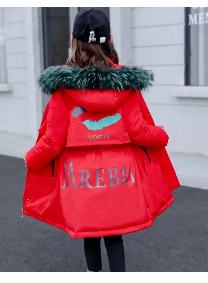 Детские Пуховые Пальто Длинные куртки для девочек, модные пальто принцессы с меховым воротником Водонепроницаемые Детские утепленные пуховые пальто на возраст от 5 до 12 лет
