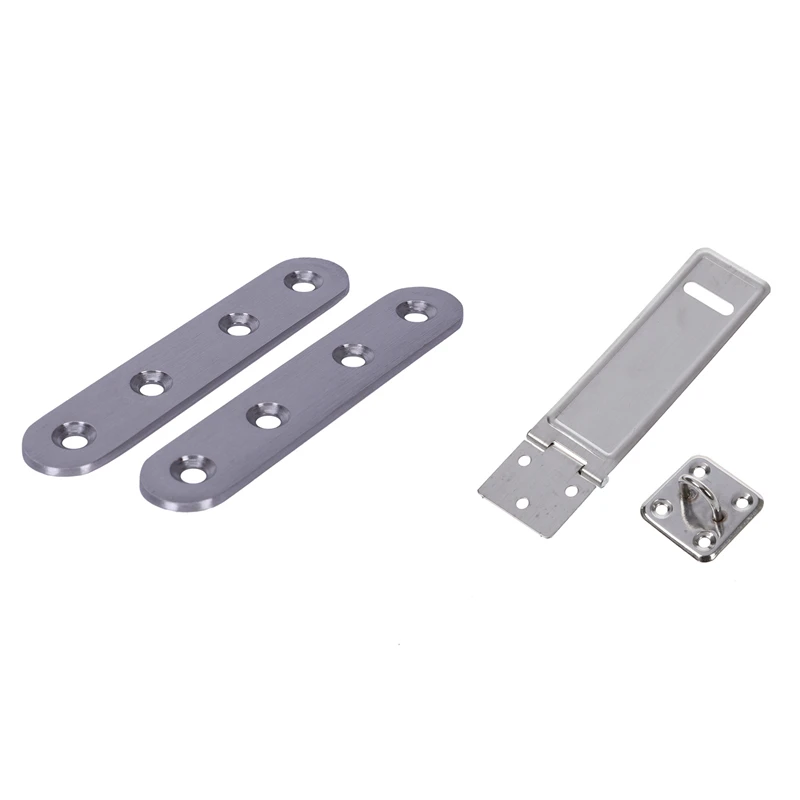 Promotion! Garage Door Silver Tone Padlock Clasp Hasp and Staple with 2Pcs Flat Repair Mending Fixing Plate Brackets Support |