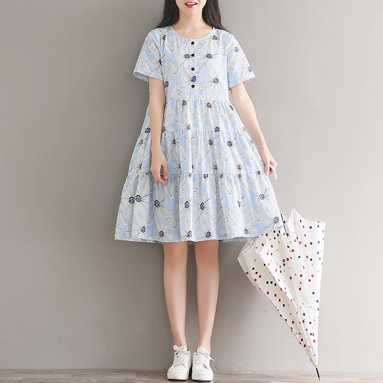 Ori/летнее женское синее платье с оборками, хлопковое, льняное, свободное, Vestidos Femininos, с коротким рукавом, с цветочным принтом, Многоярусное платье, AE723