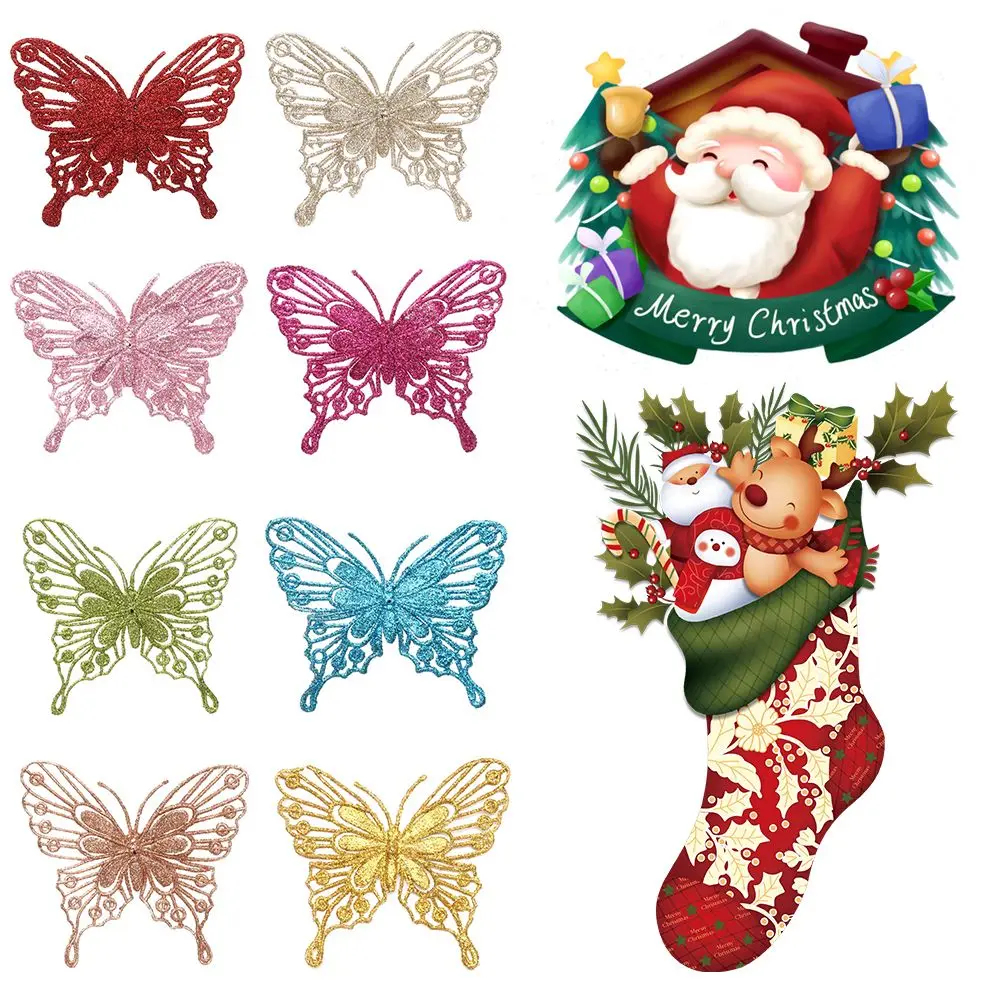 

Новогодний декор, Золотая пудра, блестящее искусство, украшения для рождественской елки, домашние рождественские украшения, искусственная бабочка