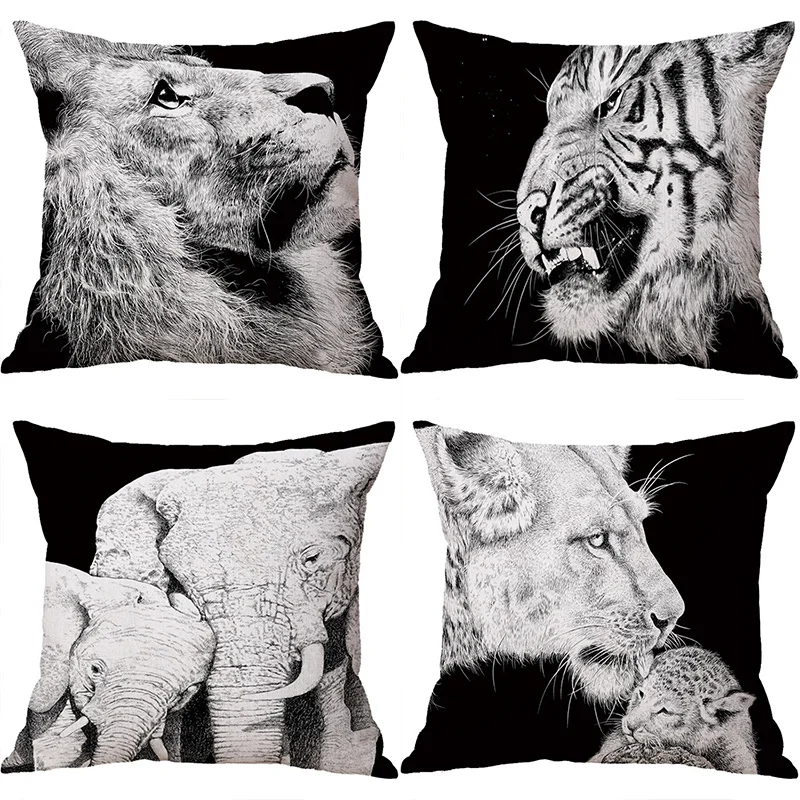 

Black and White Animal Lion Tiger Elephant Throw Pillow Case Sofa Bed Cushion Cover Home Decor 45cm Digital printed pillowcase