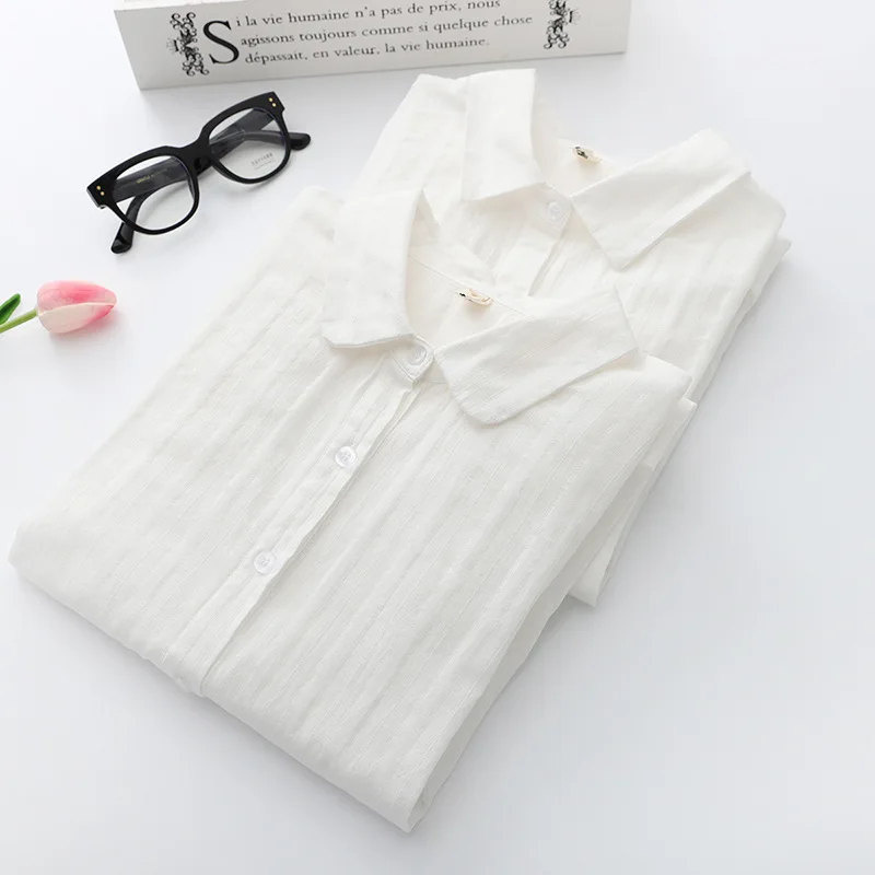 

Casual Loose Jacquard Cotton Blouses Women Shirt Spring Autumn Turn-down Collar Long Sleeve White Tops Female Basic Clothing Top