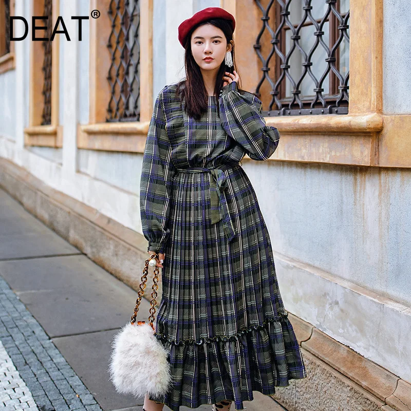 

[DEAT] 2019 New Spring Summer Round Neck Long Sleeve Plaid Ruffles Bandage Draped Temperament Dress Women Fashion Tide 13D410