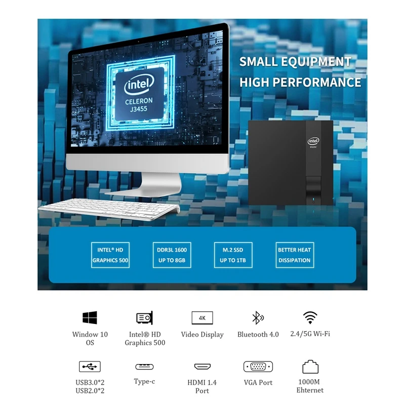 M5 Мини ПК Intel Celeron J3455 Windows 10 DDR3L 8G+ 256G M.2 SSD USB3.0 4K HDMI VGA Gigabit Ehternt 5G wifi