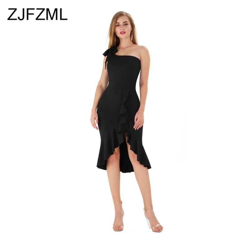 

One Shoulder Sexy Party Trumpet Dress Women Backless Ruffles Bow Bodycon Elegant Dress Summer Ladies Solid Irregular Midi Dress
