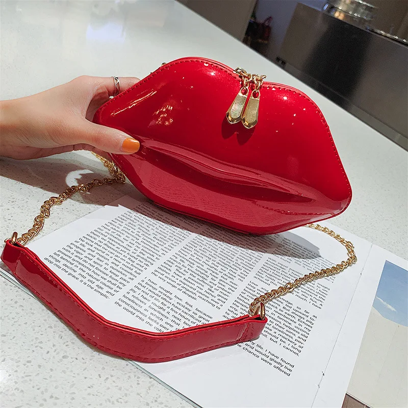 

2019 new hard shell bag red mouth PVC small square bag personality goddess shoulder Messenger bag