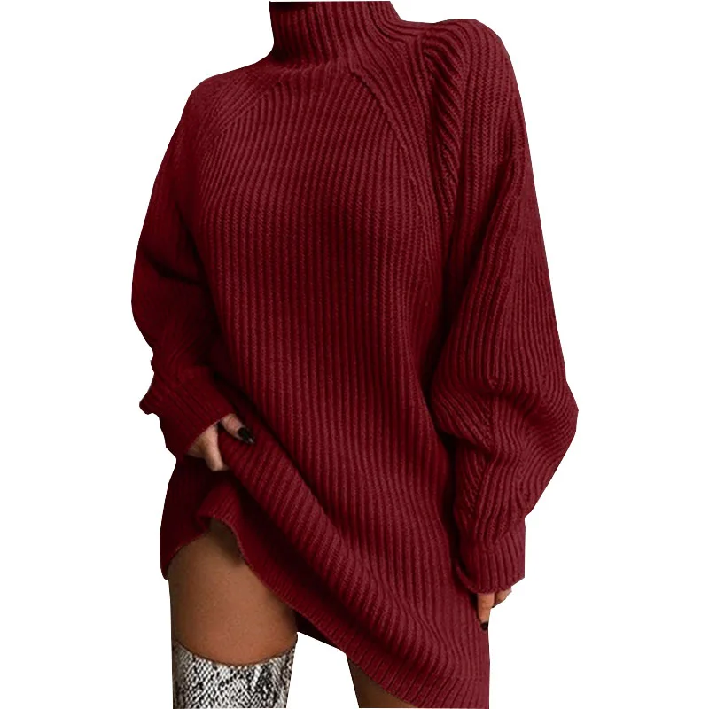 Women Turtleneck Sweater Dresses Autumn Solid Loose Knitted Dress Elegant Long Sleeve Oversized Winter Female Mini Sweater Dress