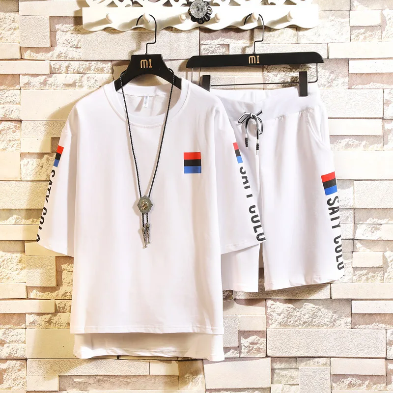 

2019 Summer Set Men's Fashion Korean-style Short-sleeved round Collar T-shirt Shorts Casual Two-Piece Set Men's Sports Summer We