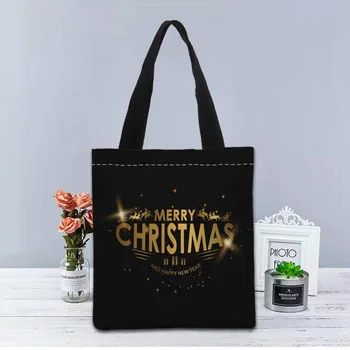 

New Custom Christmas background printed Handbag canvas tote bags shopping travel Casual Useful Shoulder Bag women bag