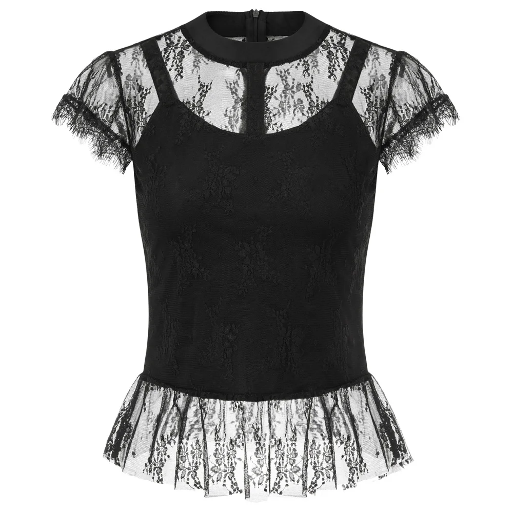 

party shirt Sexy Women Lace Hem Tops Short Sleeve Mock Neck Satin Stripes elegant retro vintage gothic steampunk shirt blouse