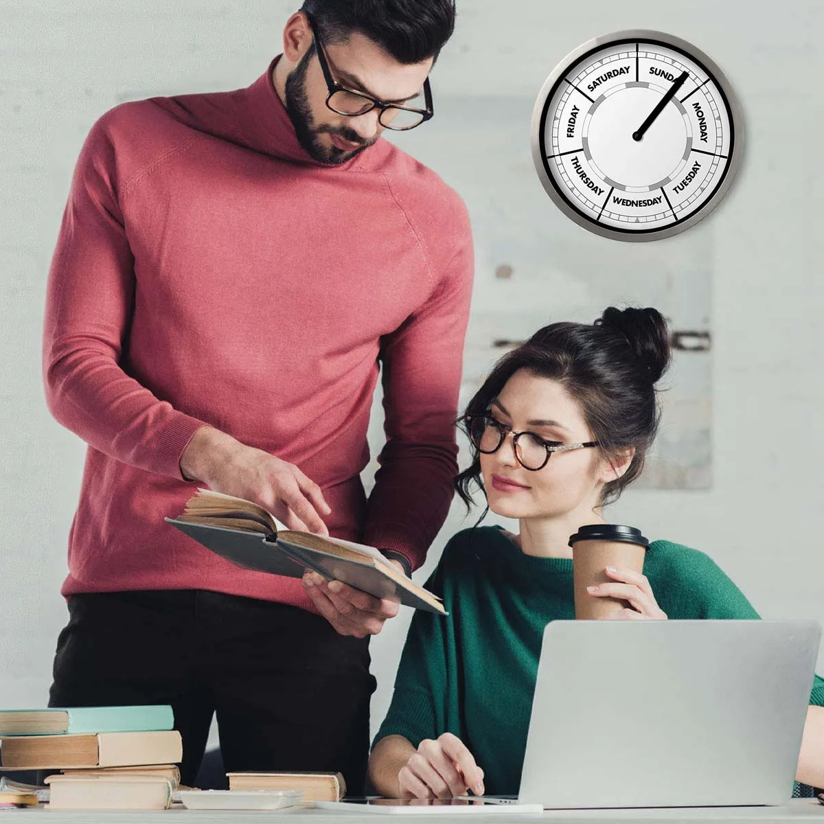 Classic Day-of-The-Week Wall Clock with Solid Aluminum-Round Frame – Weekly Clock with Noon & Midnight Markers – Quiet - 2